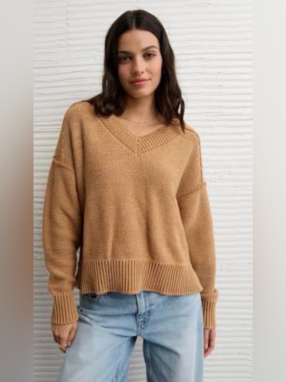American Eagle Long Weekend V-Neck Sweater XS Knit Camel Carmel Brown NWT